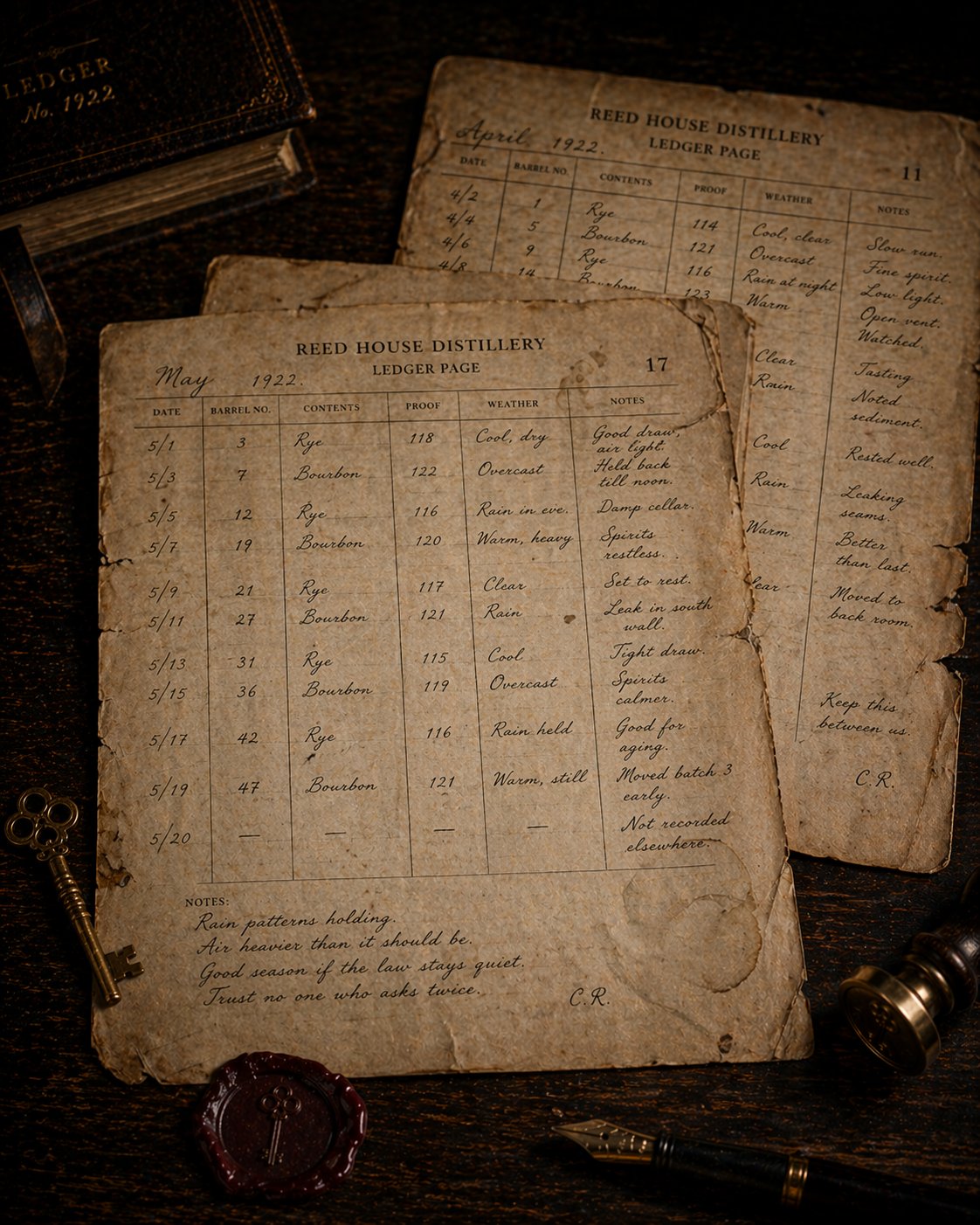 Stack of Reed House Distillery ledger pages from 1922