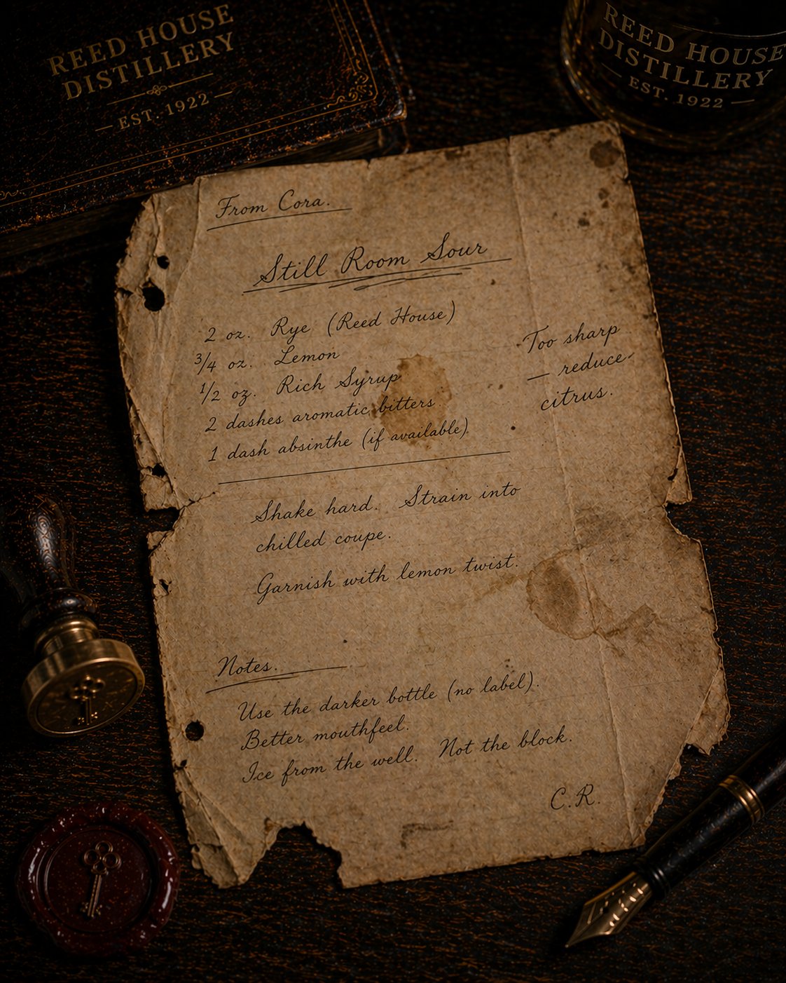 A recipe card for Still Room Sour in Cora's hand with marginal notes
