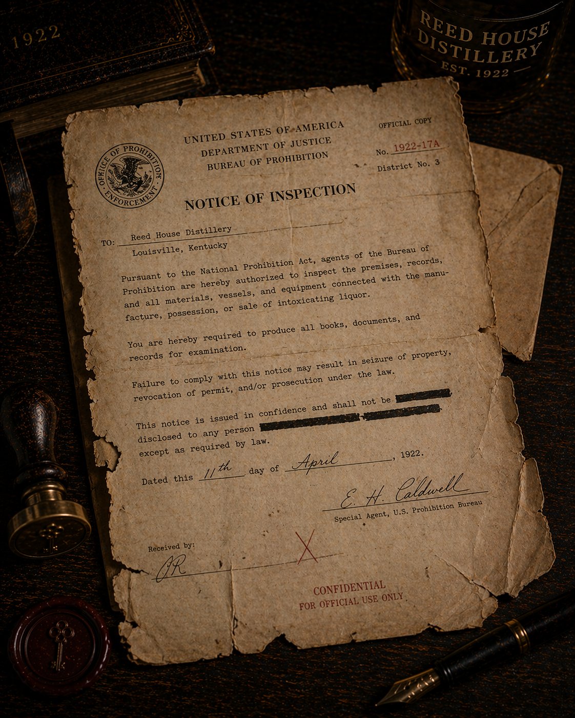 A Prohibition-era Notice of Inspection document from the US Bureau of Prohibition