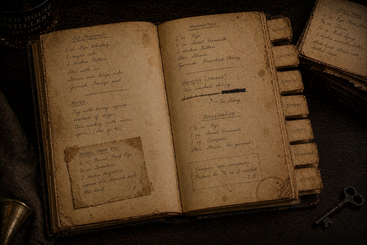 Interior spread of the Still Room Book showing Old Fashioned, Manhattan, and Boulevardier recipes in hand-lettered ink with marginalia and a tipped-in Barrel Proof Rye recipe card, with leather tabs along the fore edge labeled Whiskey, Cocktails, Infusions, Bitters, Syrups, Techniques, and Notes
